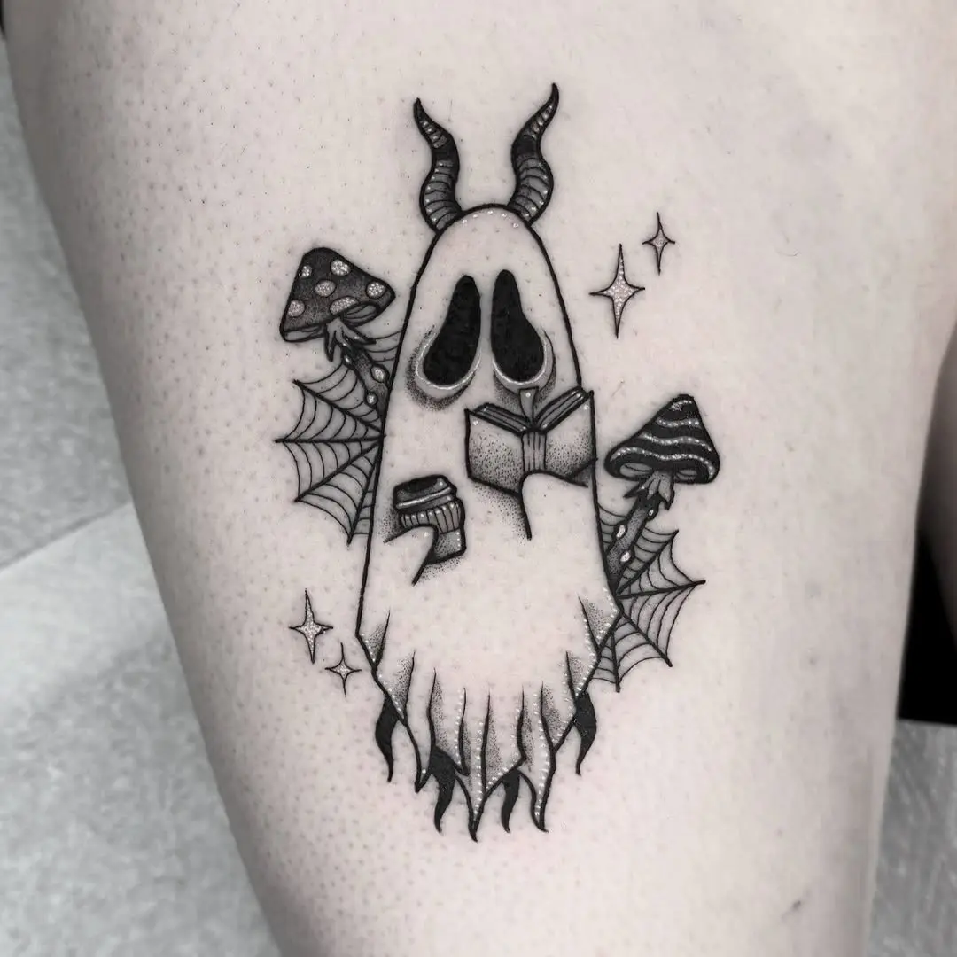 Charming ghost tattoo with spooky elements