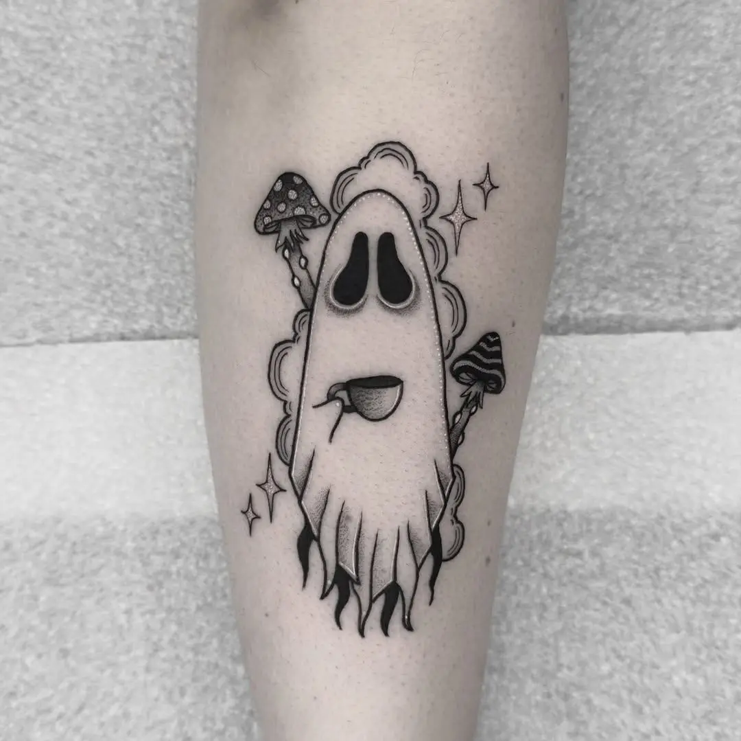 Whimsical ghost tattoo with mushrooms detail