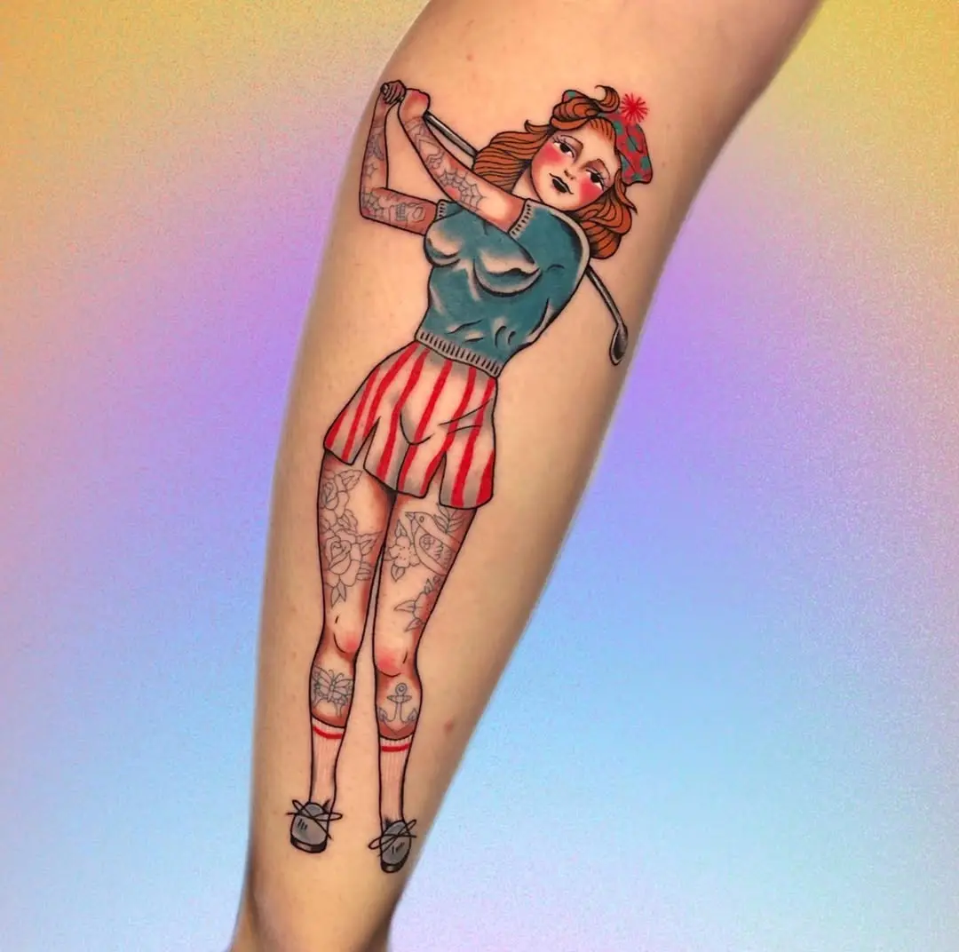 Stylish female golfer tattoo with vibrant colors
