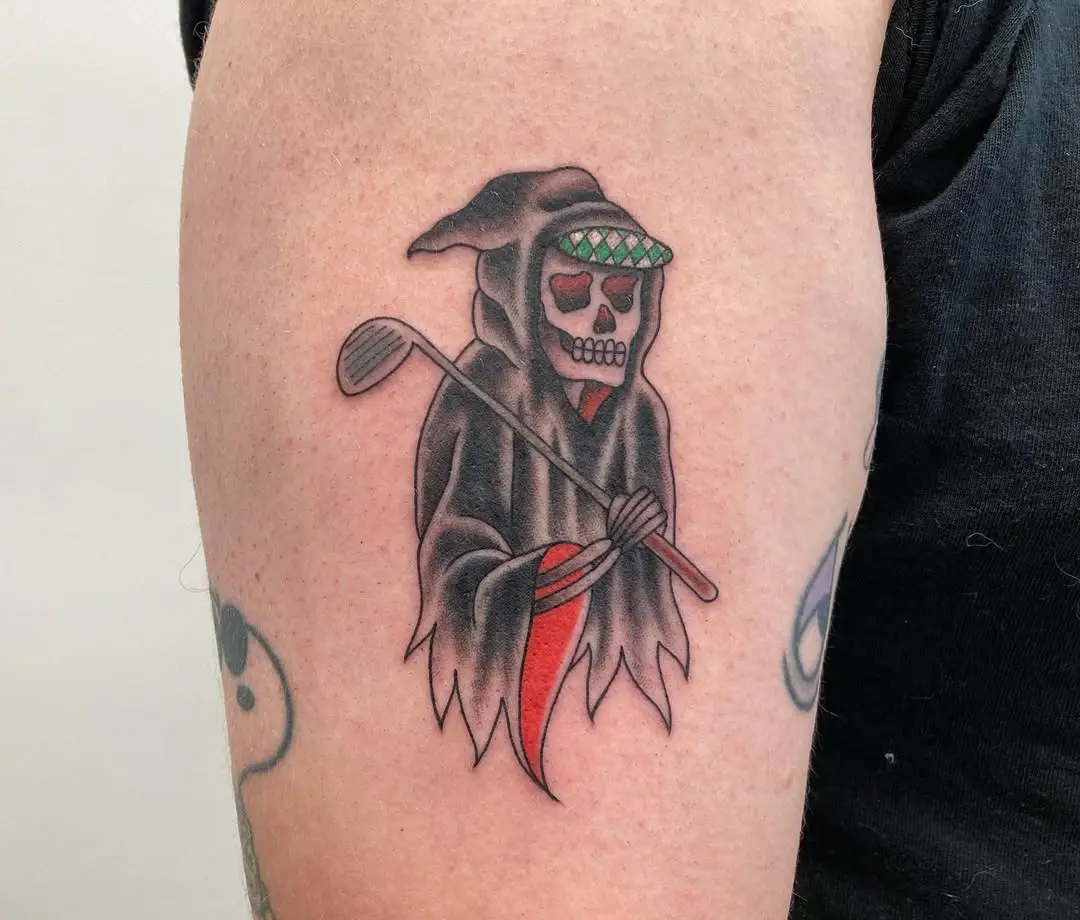 Detailed golf-themed skeleton tattoo design