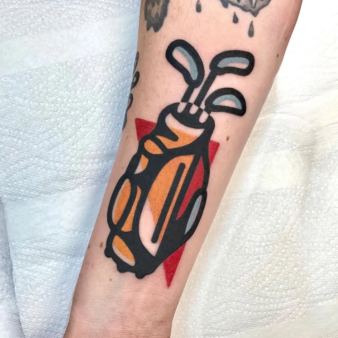 Retro golf bag tattoo with vibrant colors