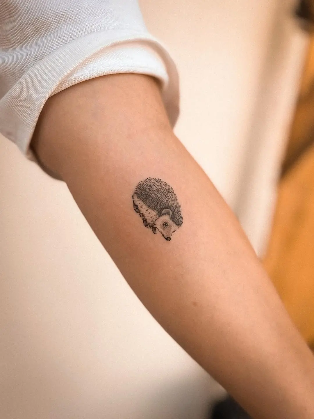 Charming hedgehog tattoo on a forearm