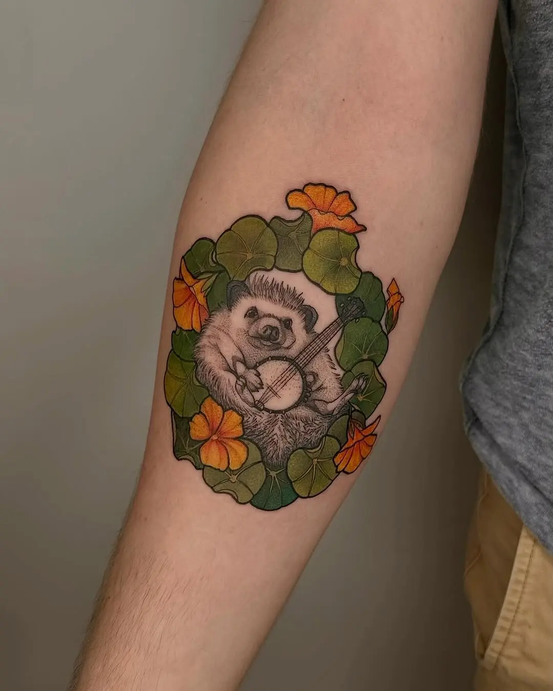 Charming hedgehog playing banjo surrounded by flowers