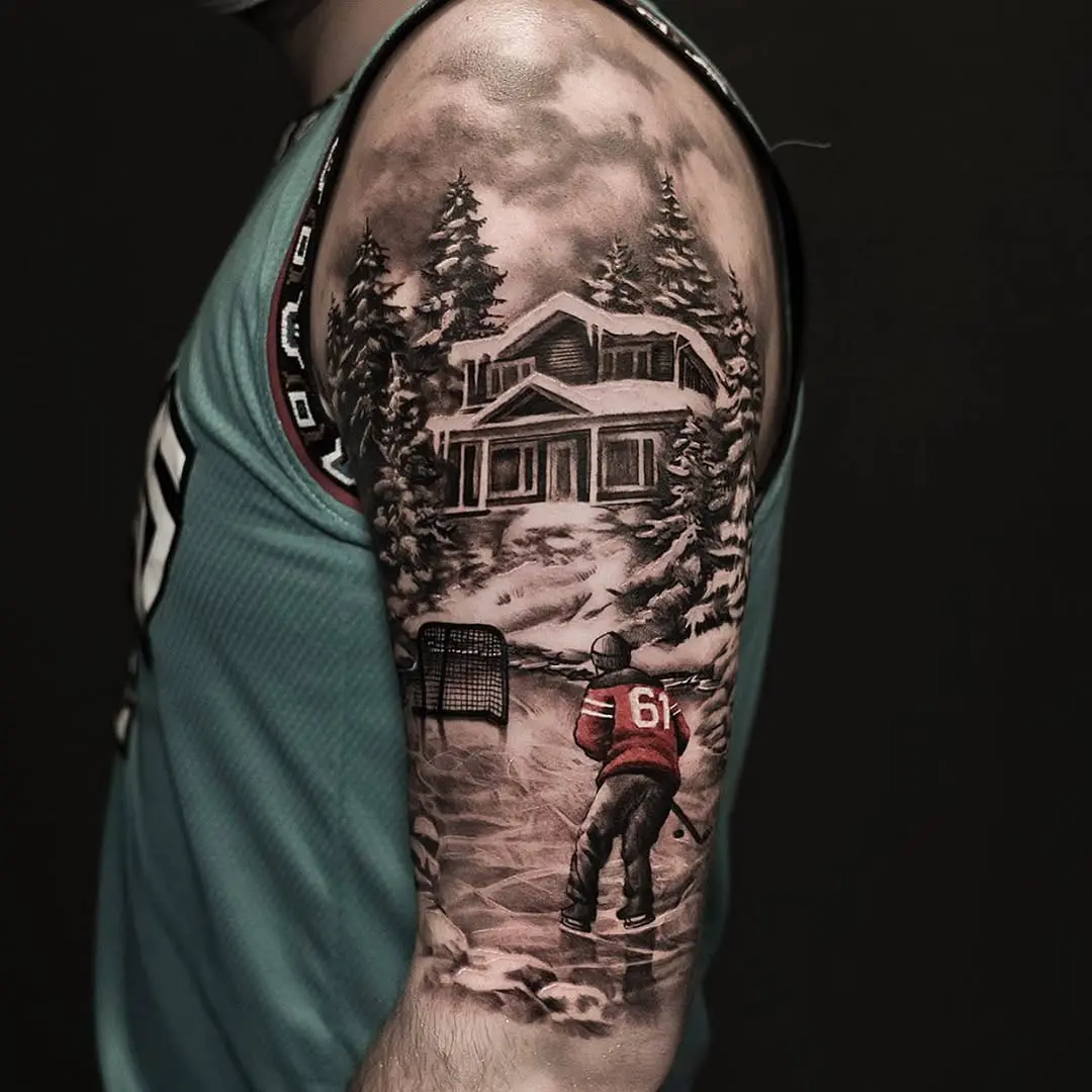 Stunning hockey tattoo with winter scenery