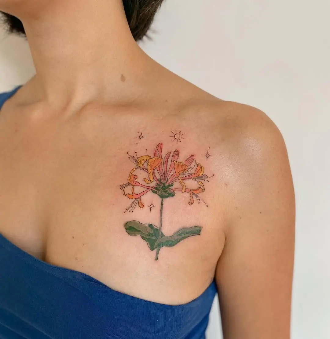 Vibrant honeysuckle tattoo on shoulder