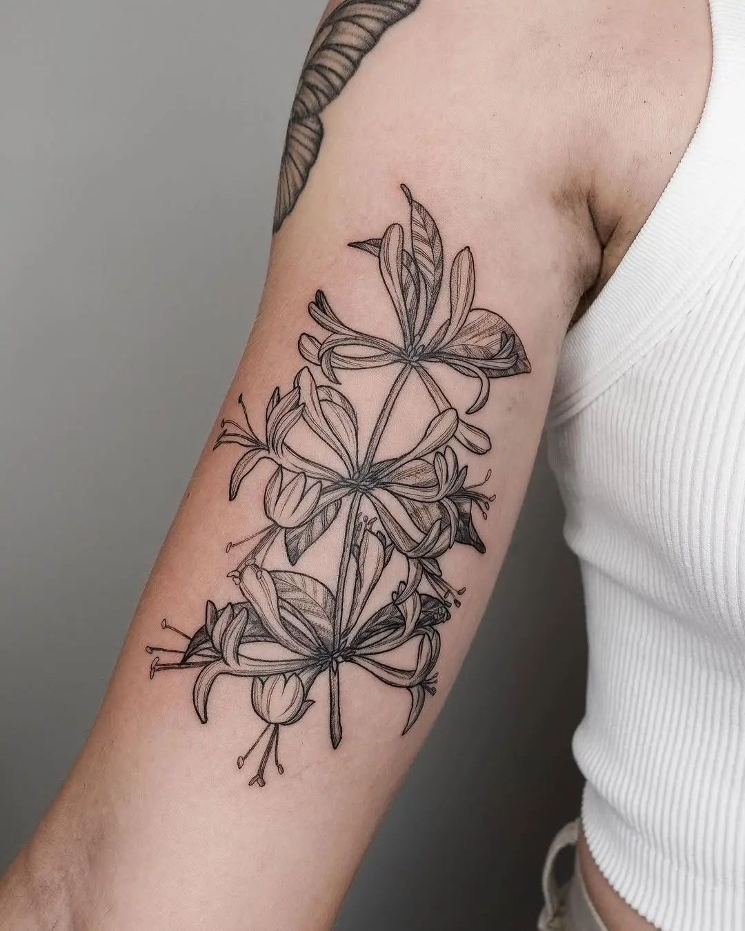 Elegant honeysuckle tattoo with intricate details