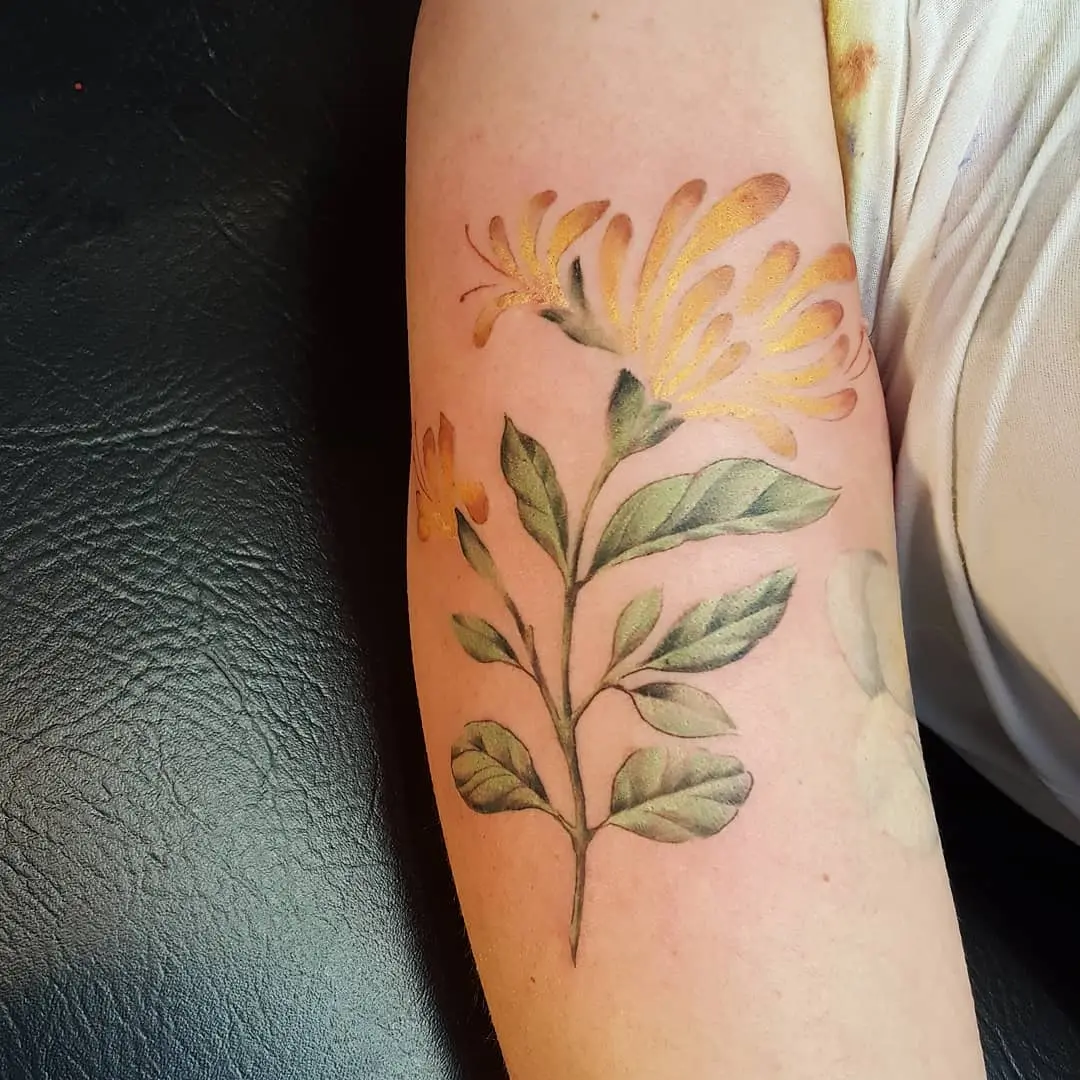 Beautiful honeysuckle flower tattoo on arm