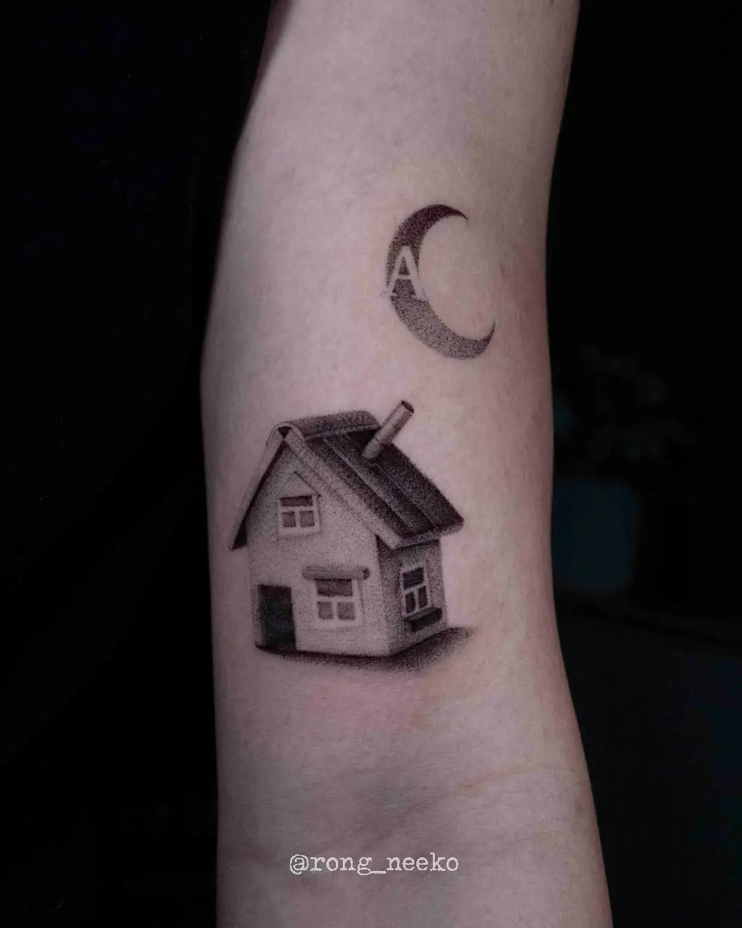 Charming house tattoo with celestial elements