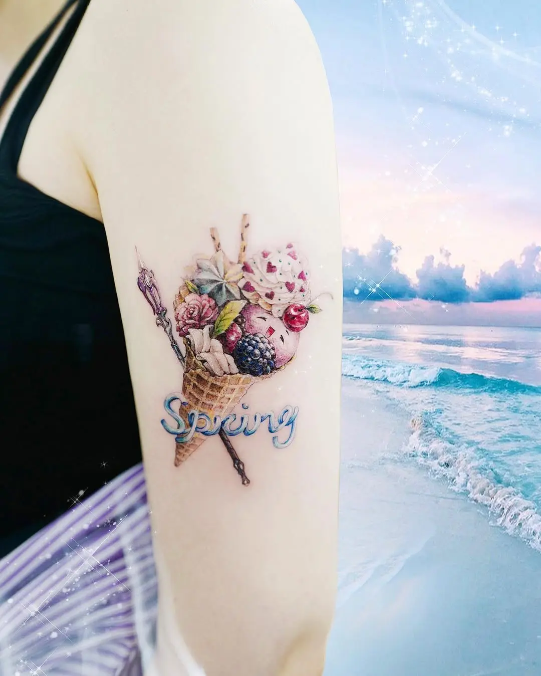 Vibrant spring-themed ice cream tattoo design
