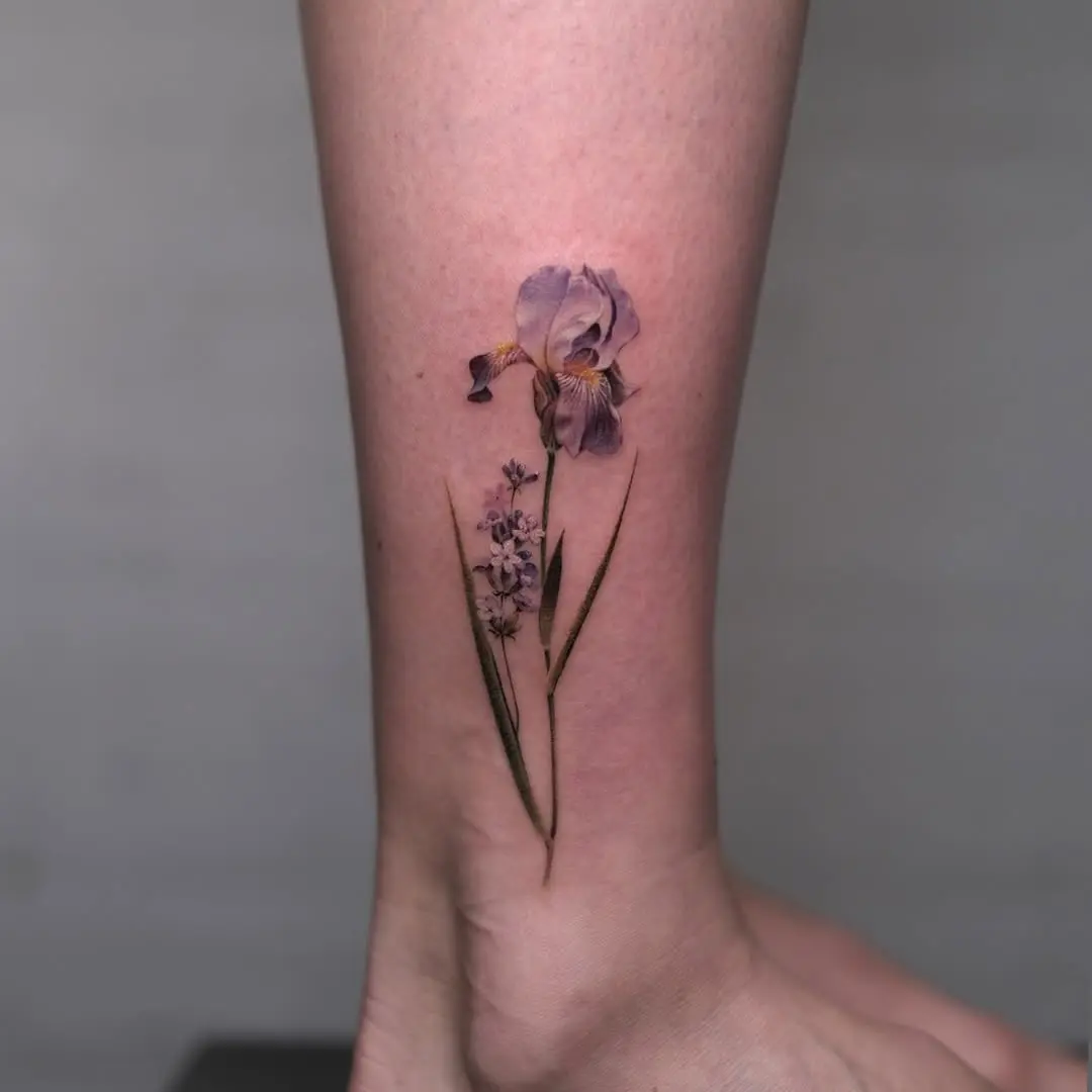Elegant iris tattoo with delicate floral details
