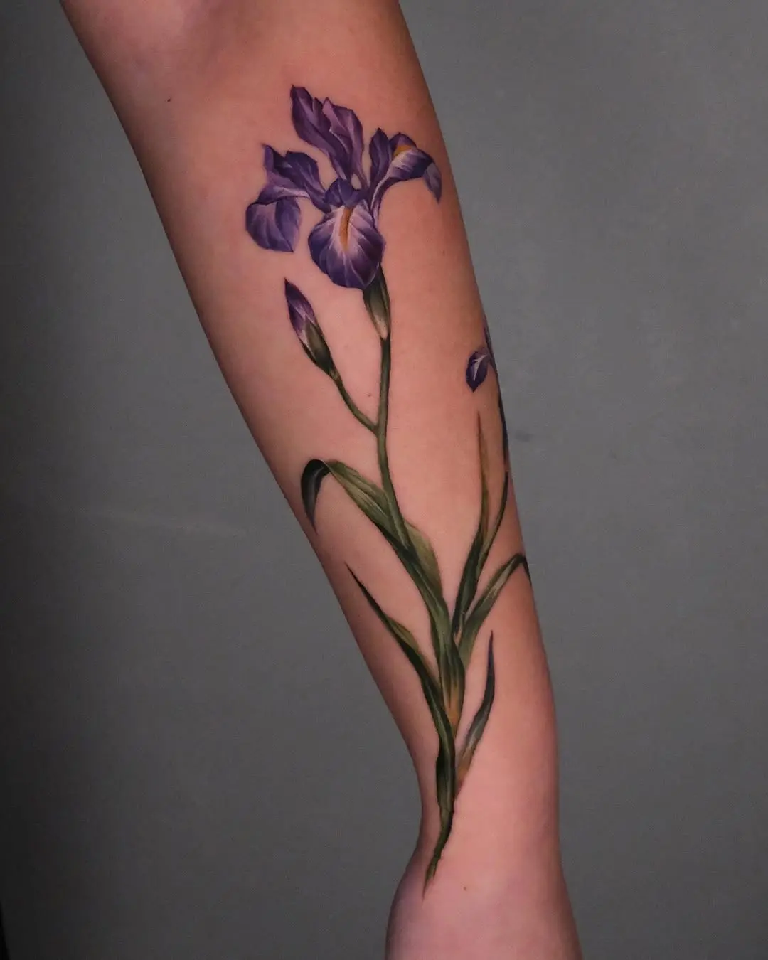 Vivid purple iris tattoo showcasing nature’s beauty