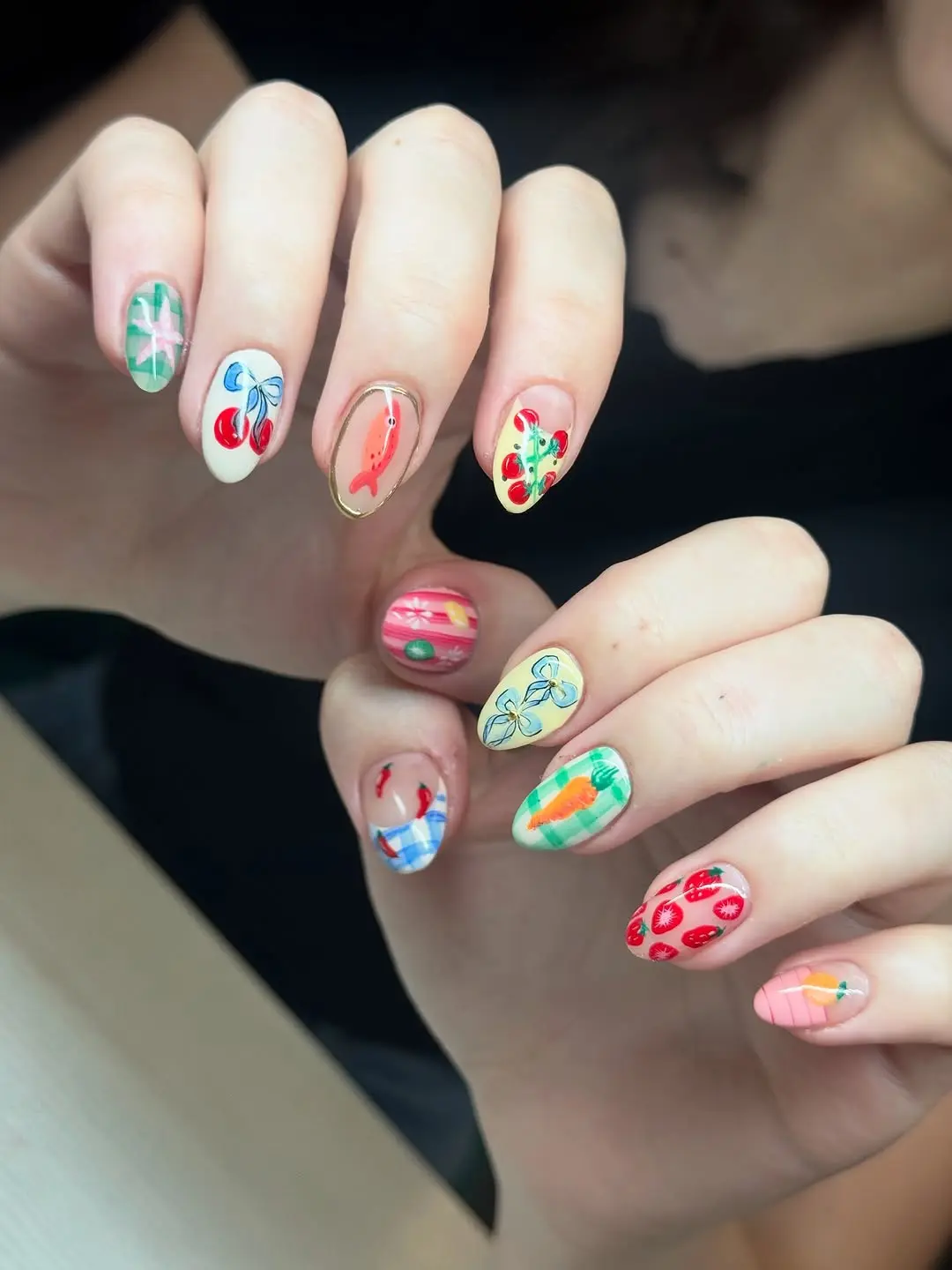 Colorful Japanese nail art with fruit designs