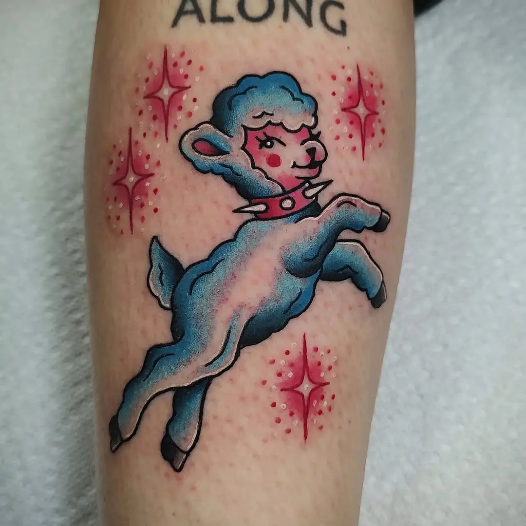 Playful lamb tattoo exuding vintage charm and joy