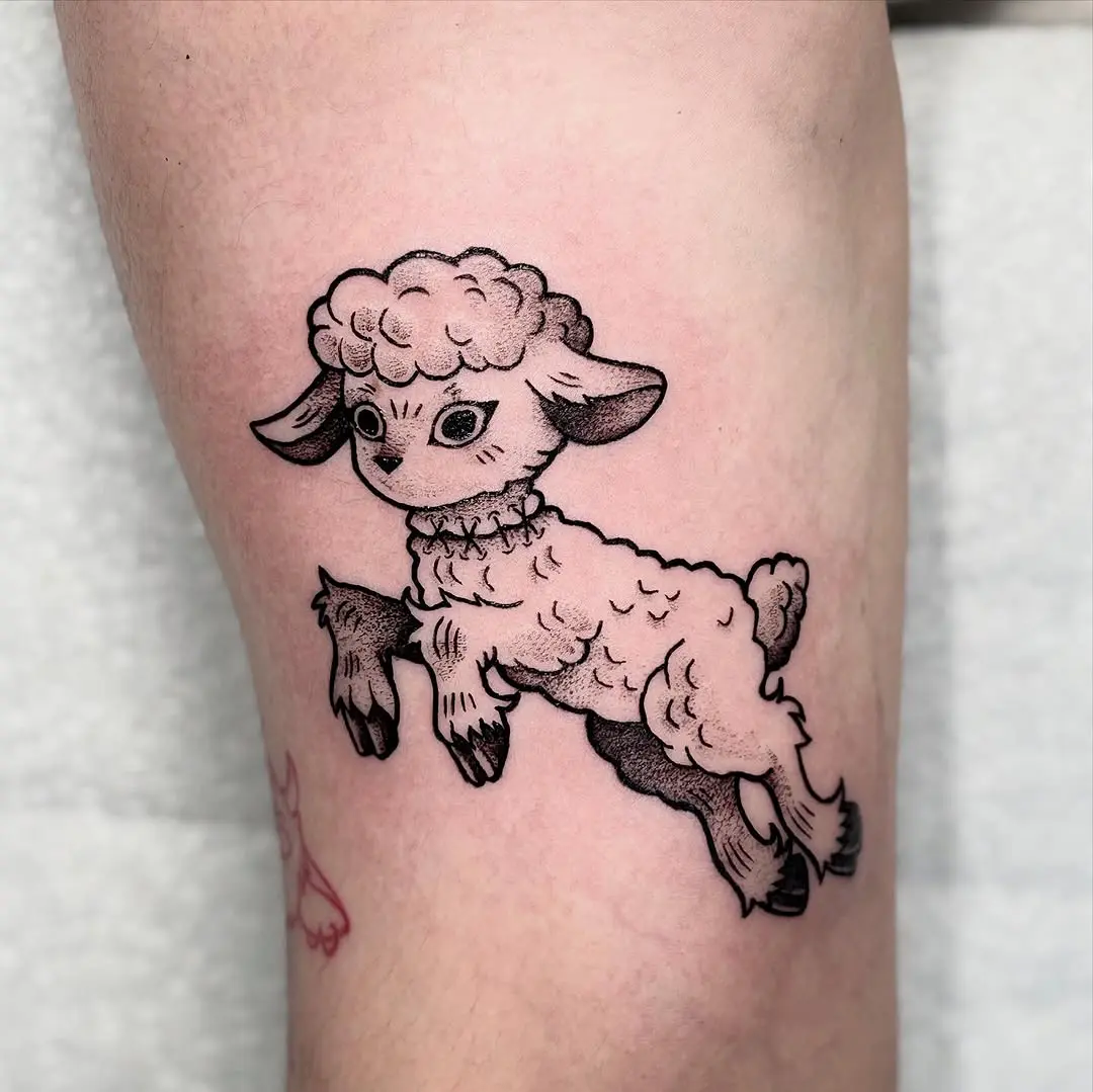 Whimsical lamb tattoo with playful design