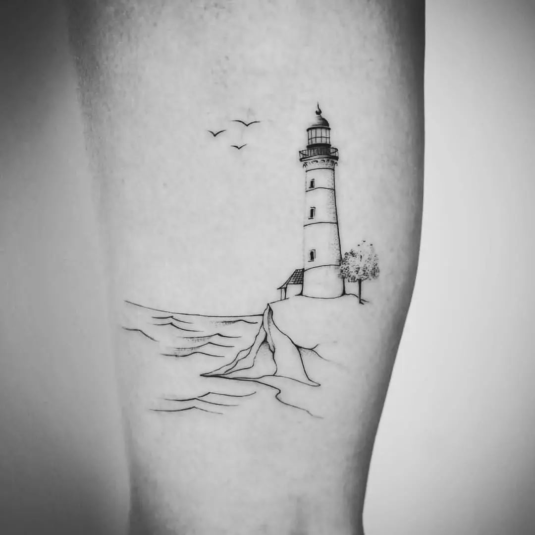 Minimalist lighthouse tattoo on the leg