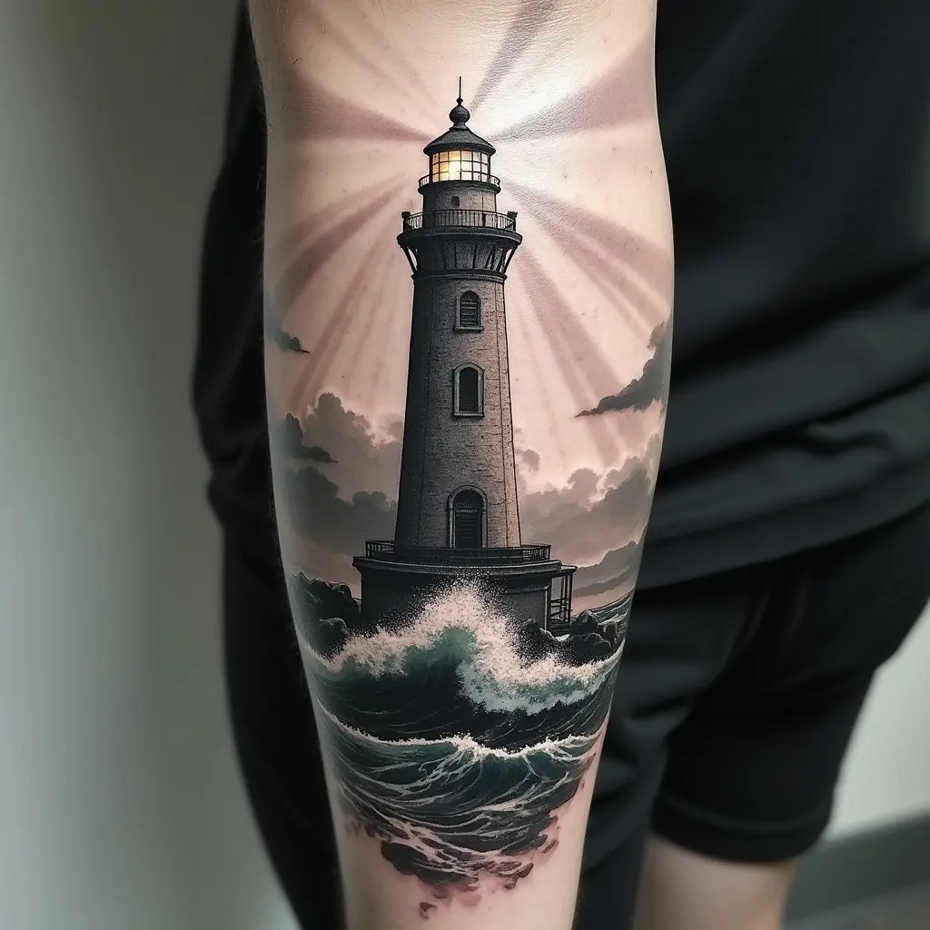 Majestic lighthouse tattoo with ocean waves