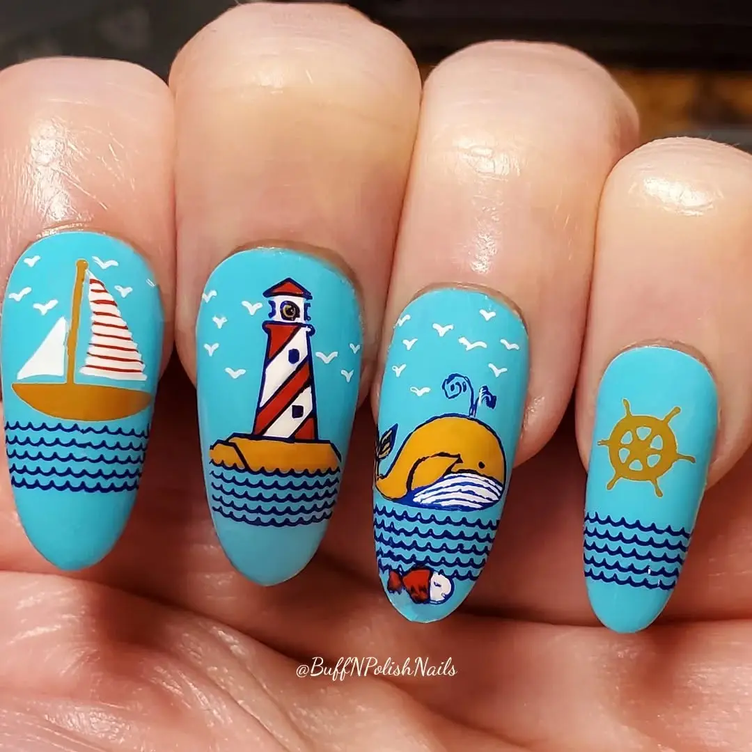 Whimsical nautical nails with sea-themed designs