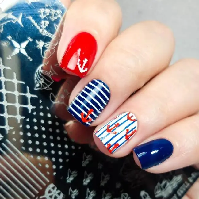 Stylish nautical-themed nails with bold colors