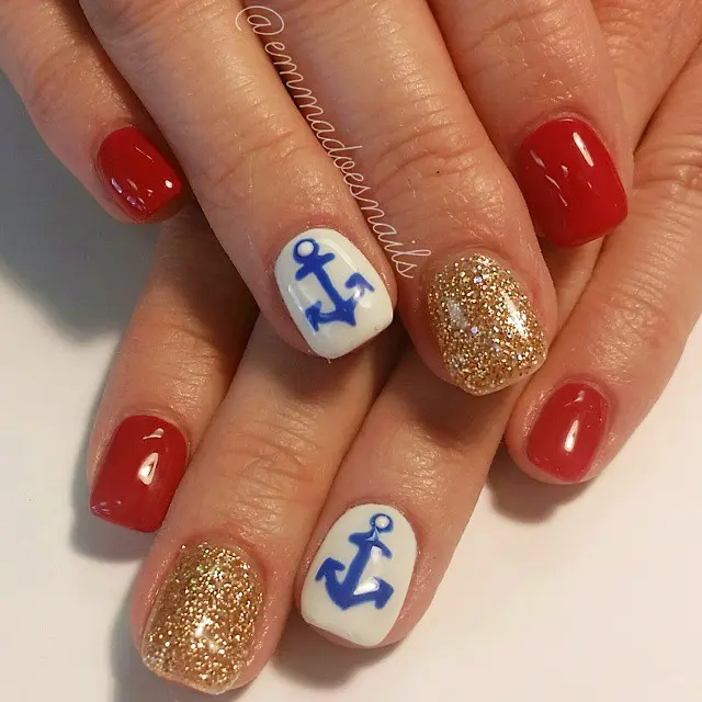 Chic Nautical Nails with Glittery Accent