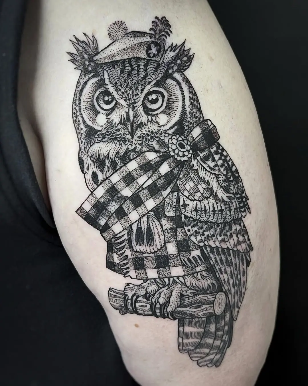 Intricate owl tattoo with quilt design elements