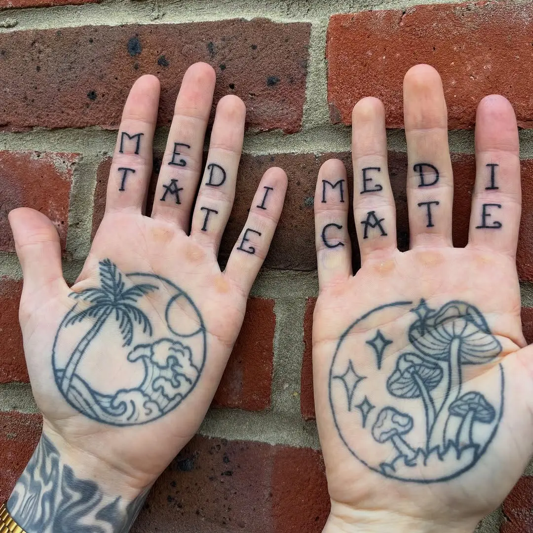 Tropical palm and unique lettering tattoos