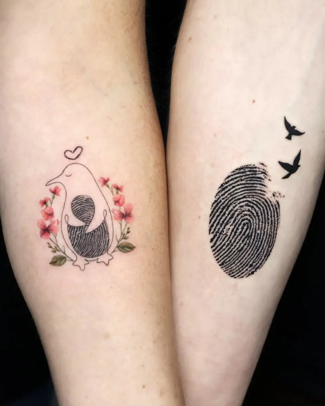Charming Penguin Fingerprint Tattoo with Floral Accents