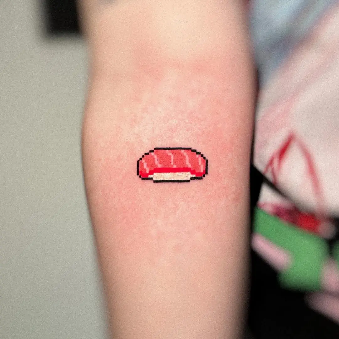 Vibrant pixel art sushi tattoo for food lovers