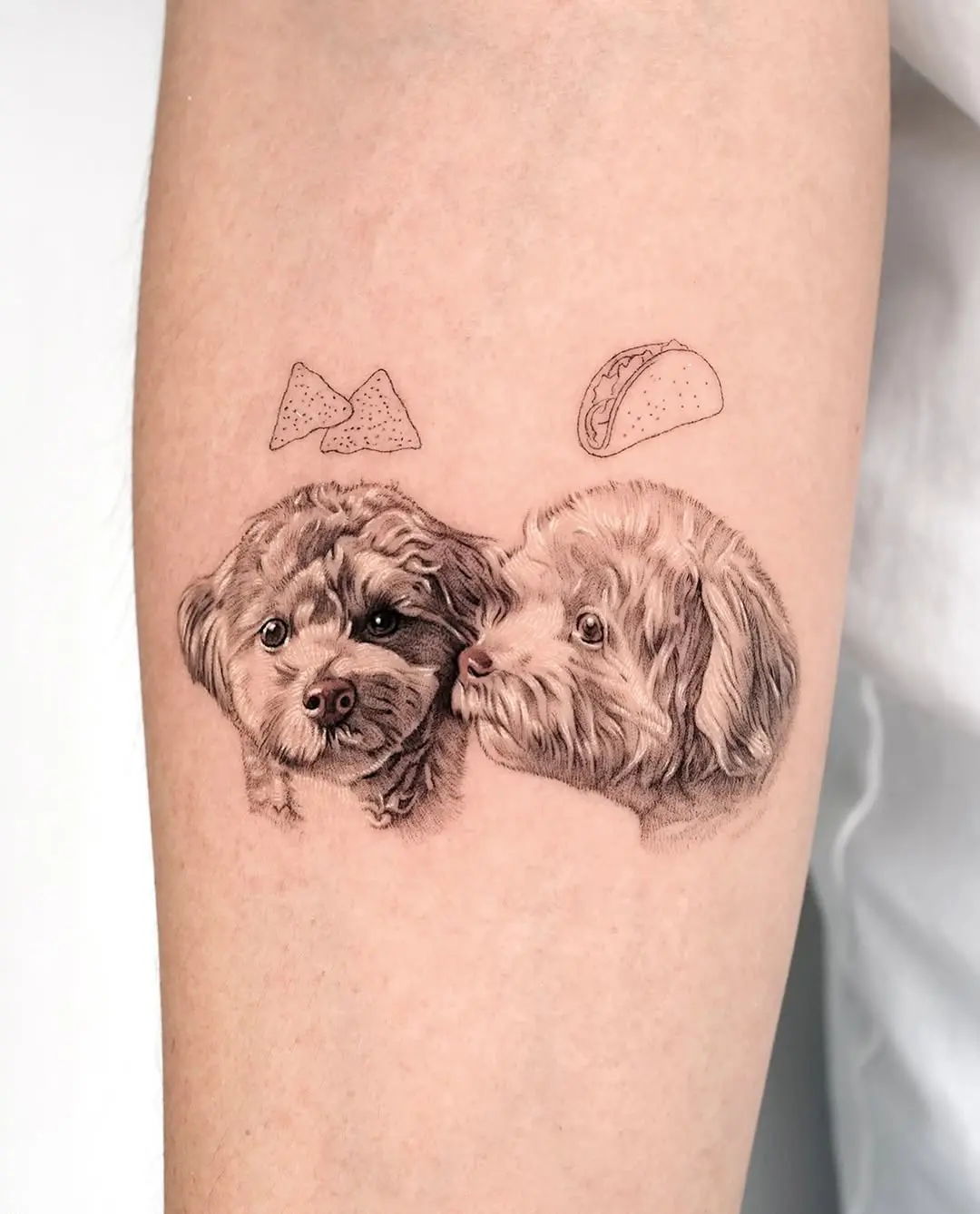 Adorable poodle tattoo with playful food elements