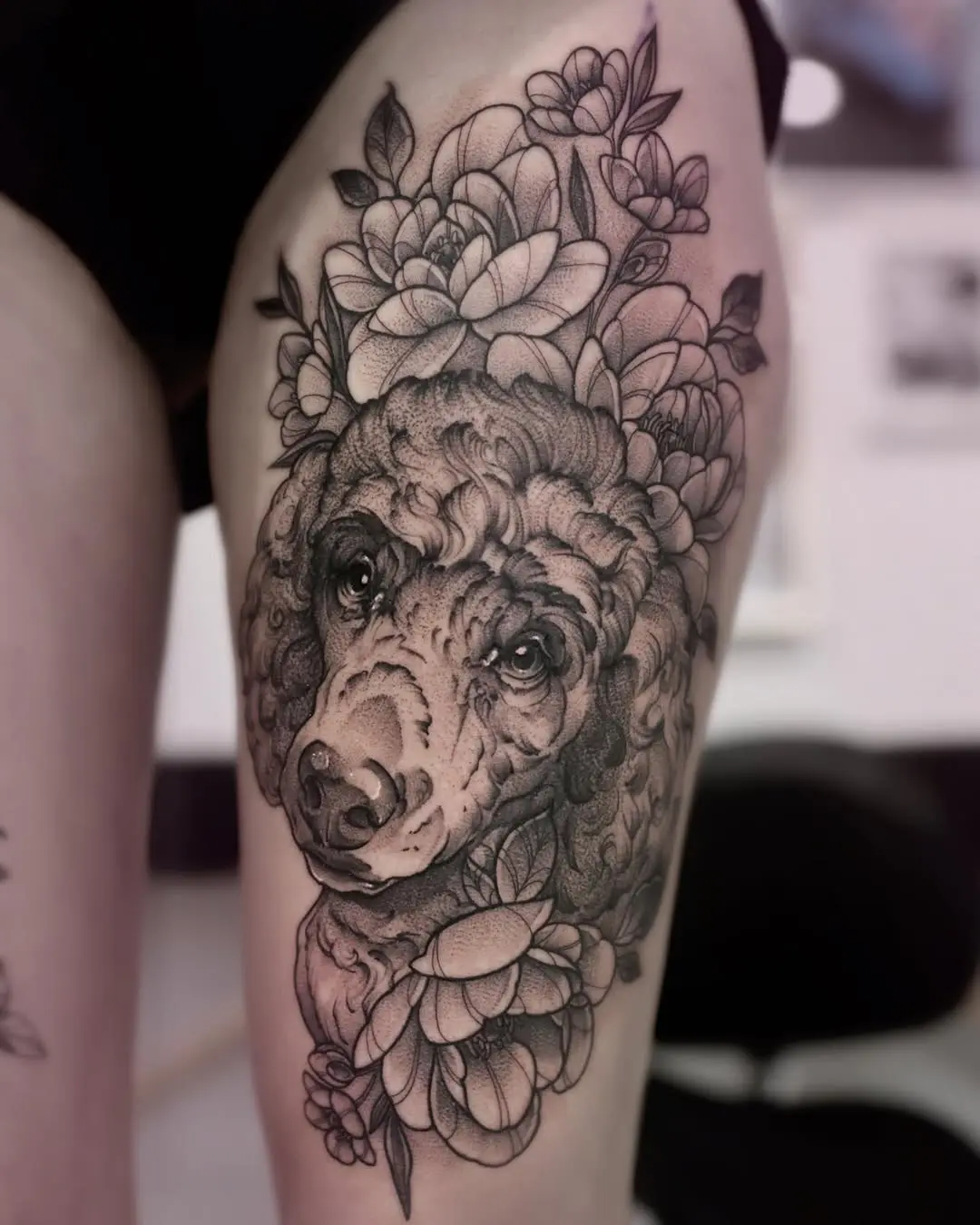 Stunning monochrome poodle with floral accents