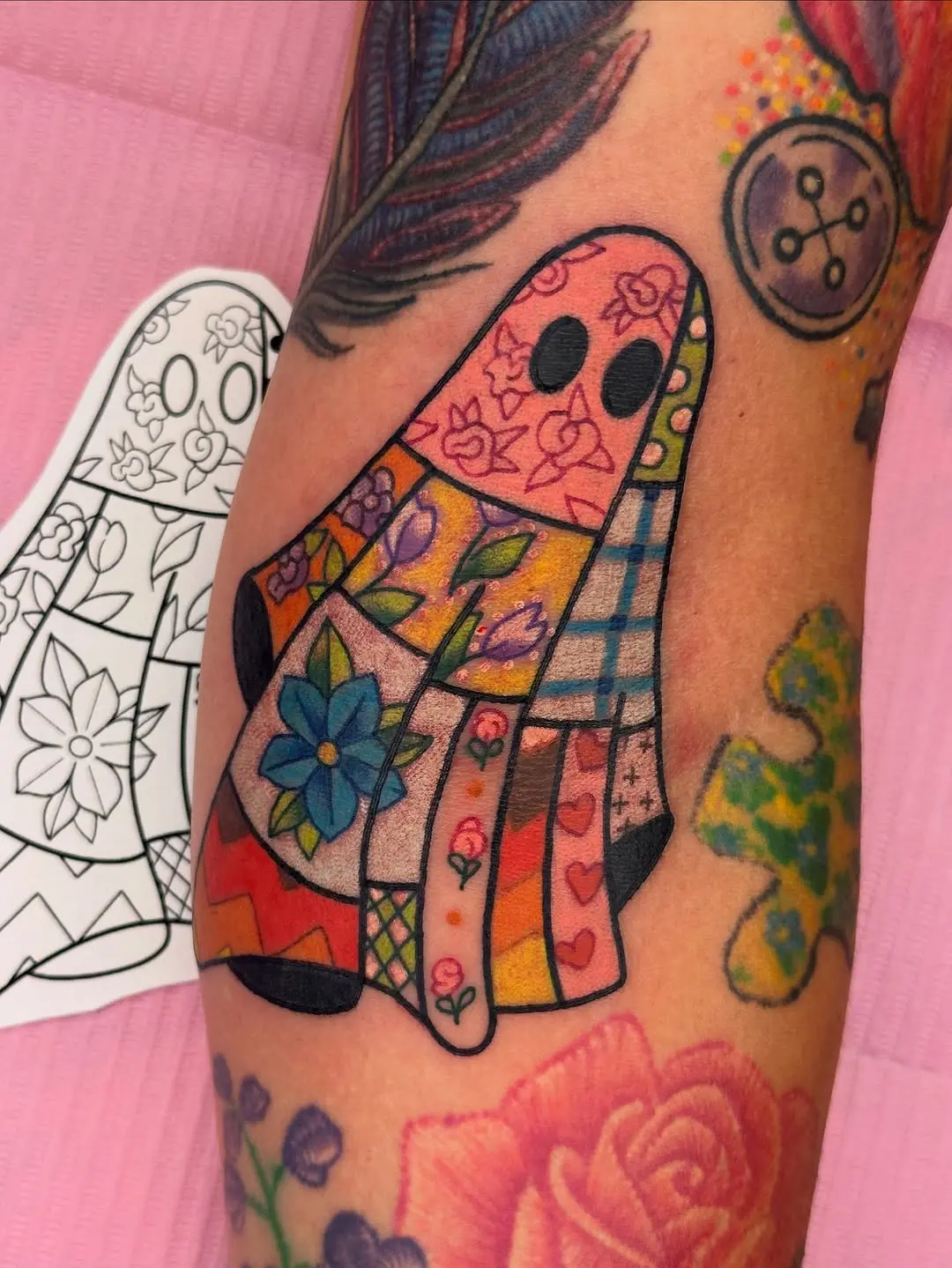 Whimsical Quilt-Inspired Ghost Tattoo Design