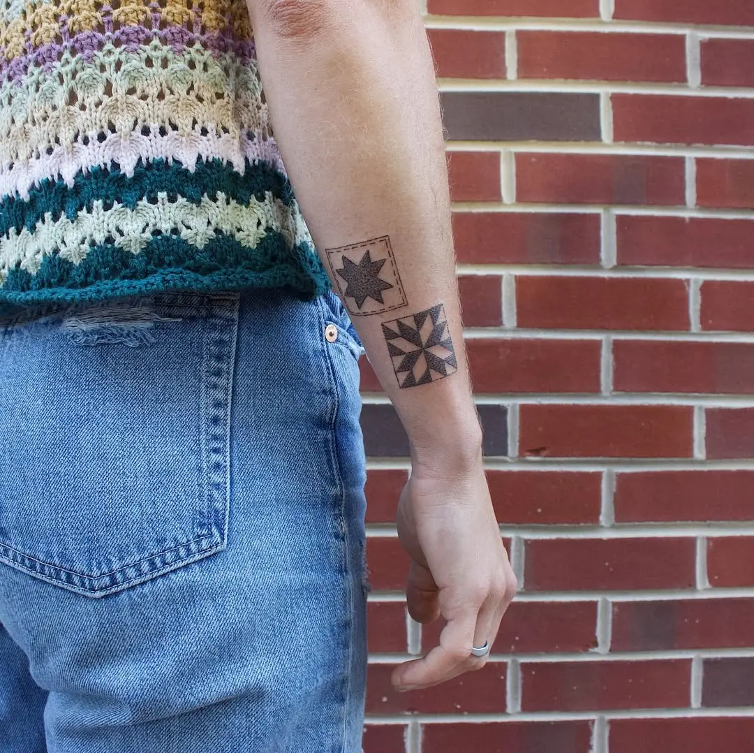 Unique quilt-inspired tattoo on the arm