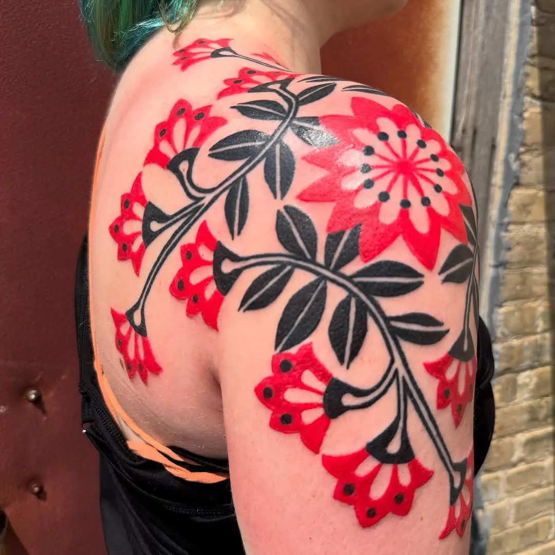 Vibrant Floral Quilt Tattoo on Shoulder
