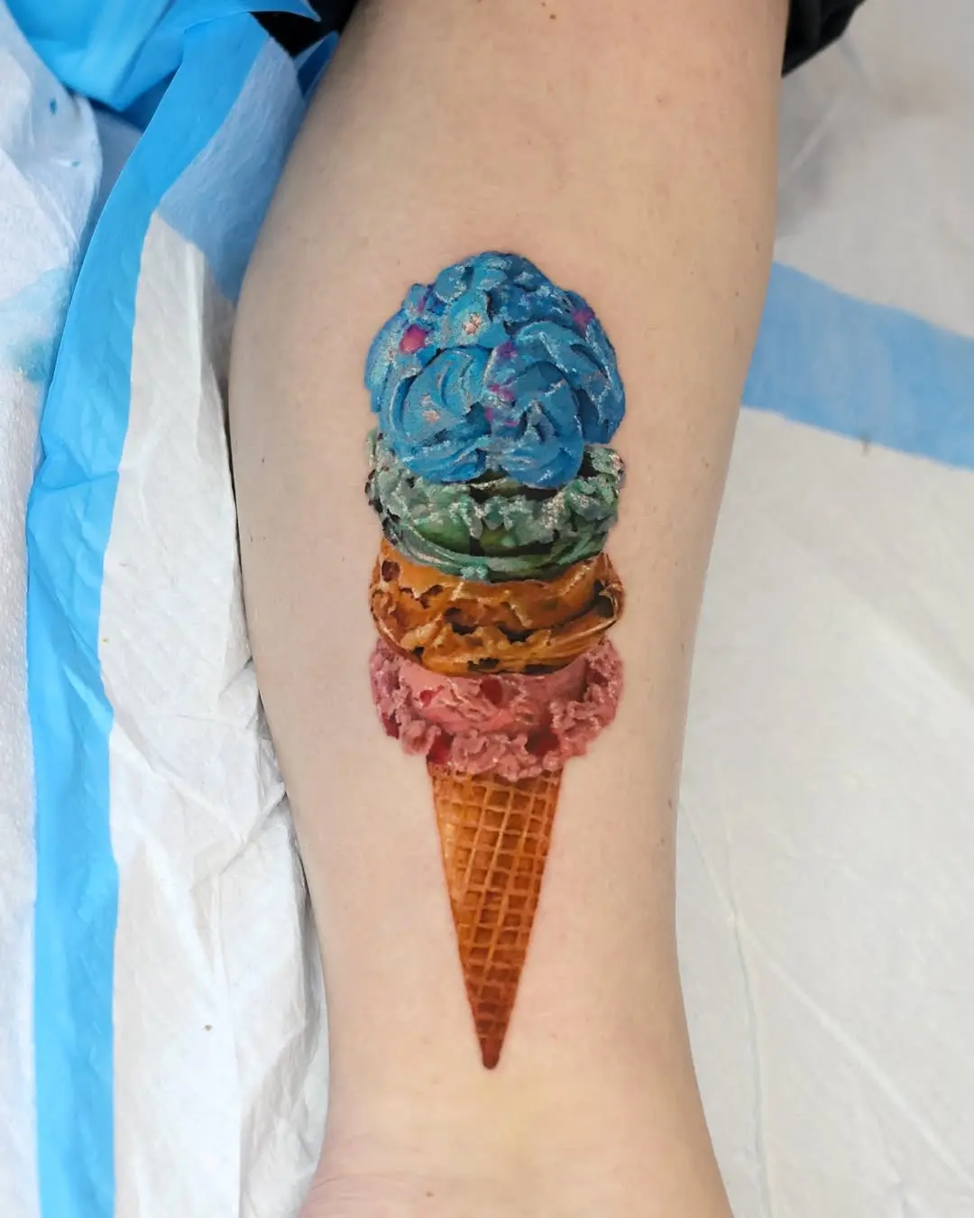 Vibrant 3D Ice Cream Cone Tattoo Design