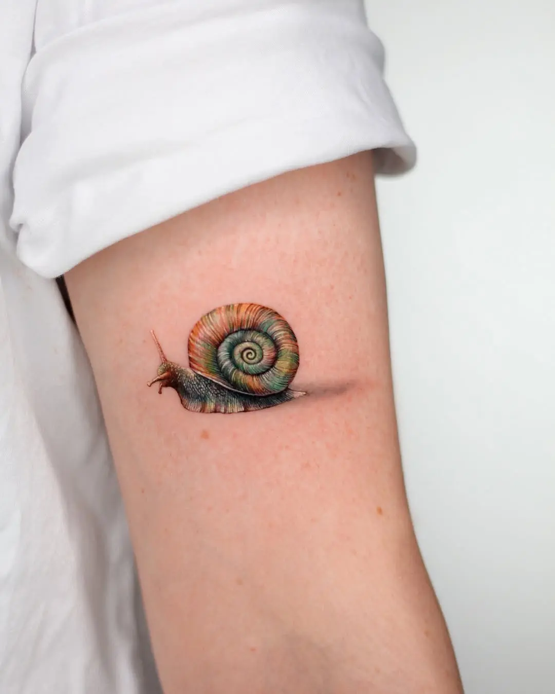 A vibrant, realistic snail tattoo on skin