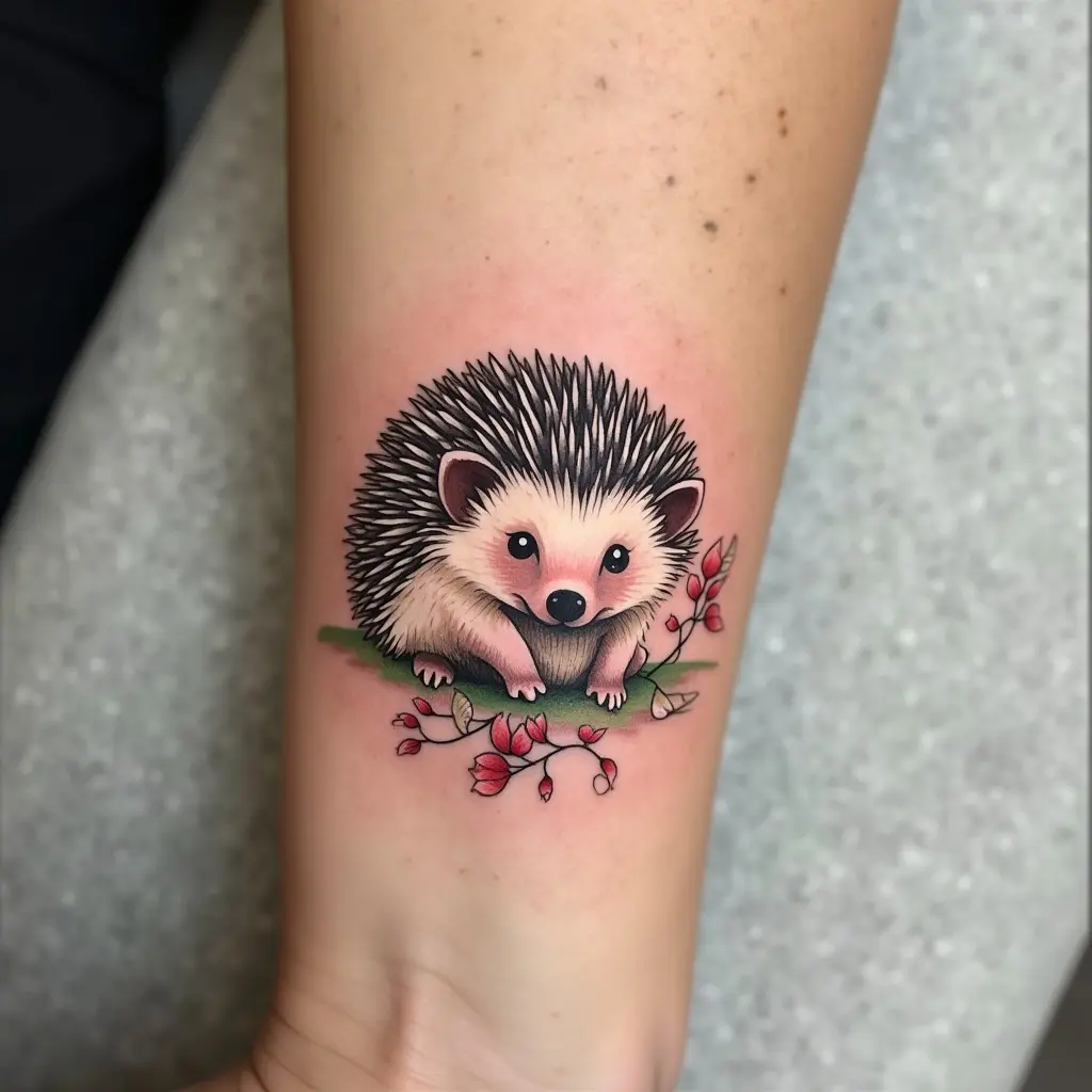 Charming hedgehog tattoo surrounded by flowers
