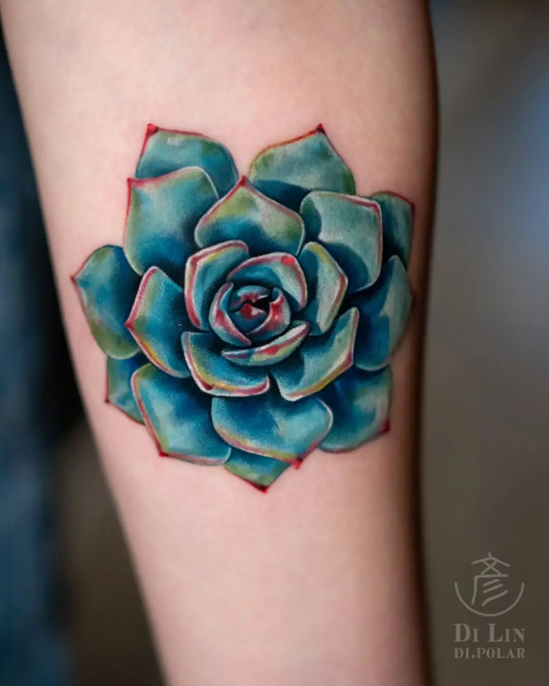 Vibrant Blue-Green Succulent Tattoo Design