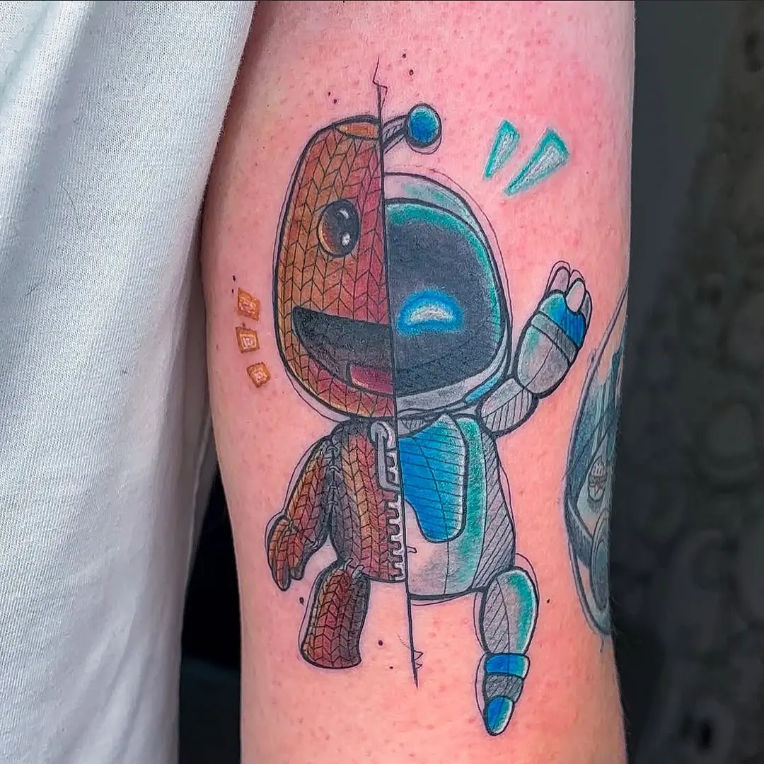 Whimsical robot tattoo design with dual characters