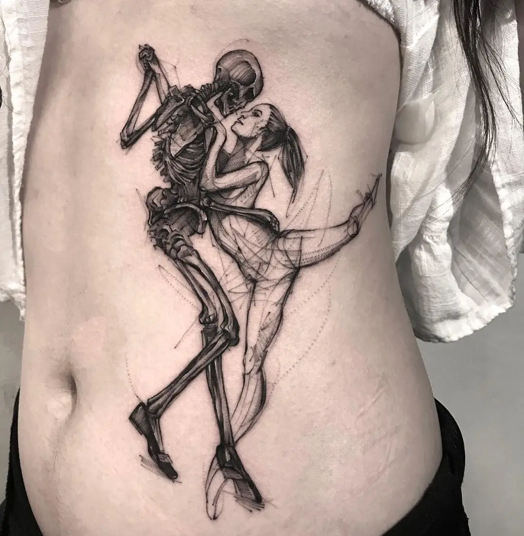 Elegant dance tattoo blending life and death