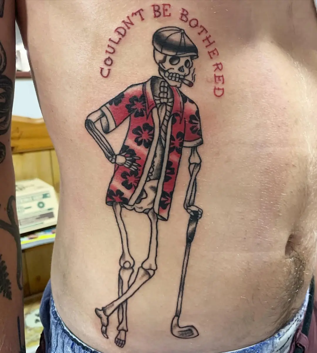 Humorous skeleton golf tattoo with vibrant colors
