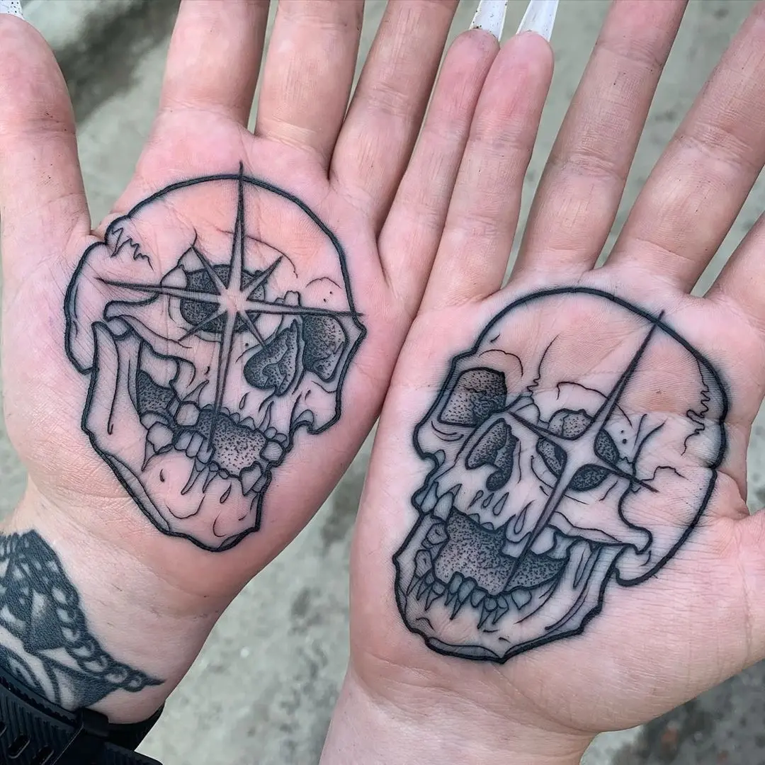 Intricate Skull Tattoos on Both Palms