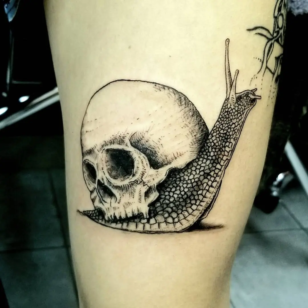 Realistic skull snail tattoo on skin