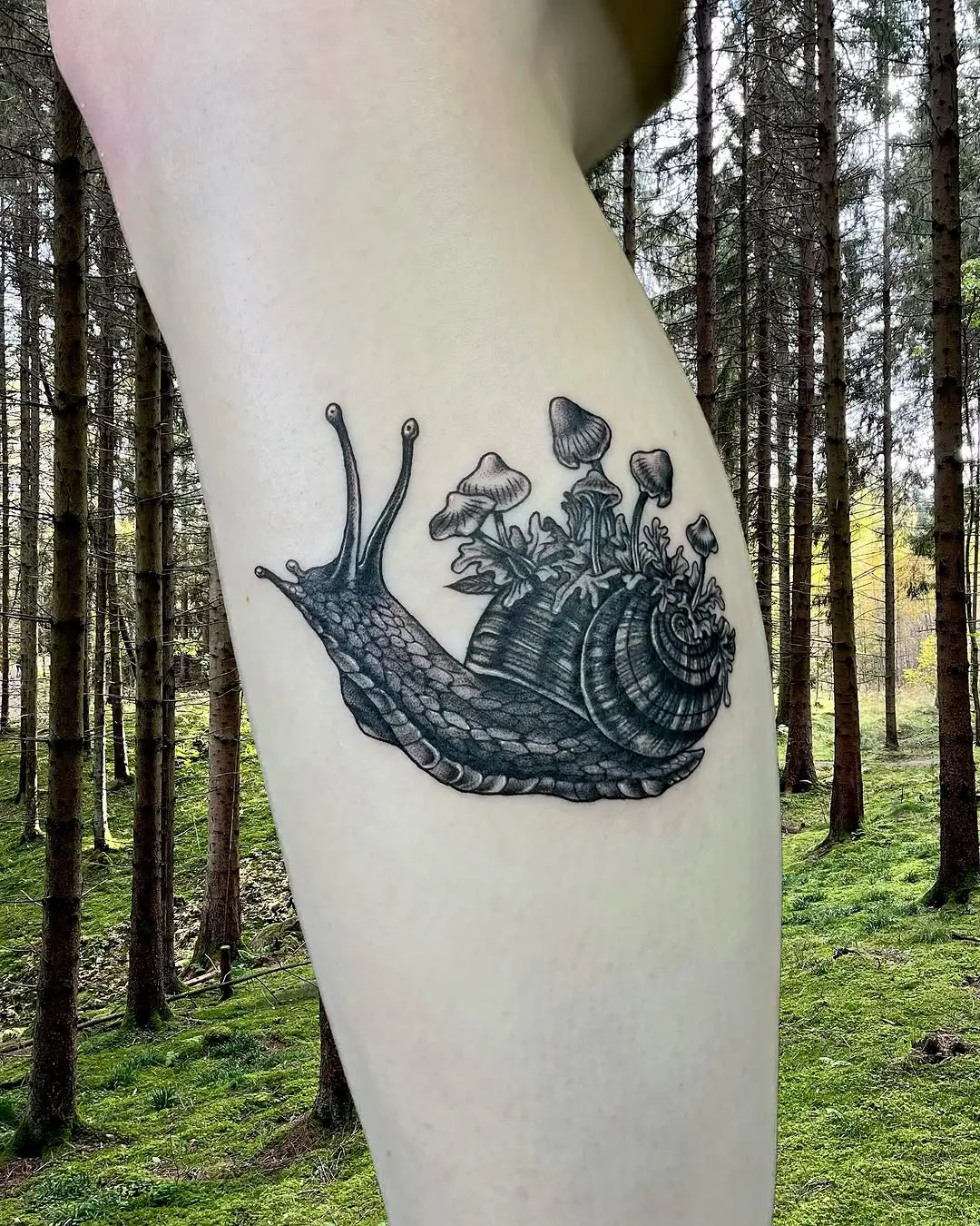 Whimsical snail tattoo enveloped by nature's beauty