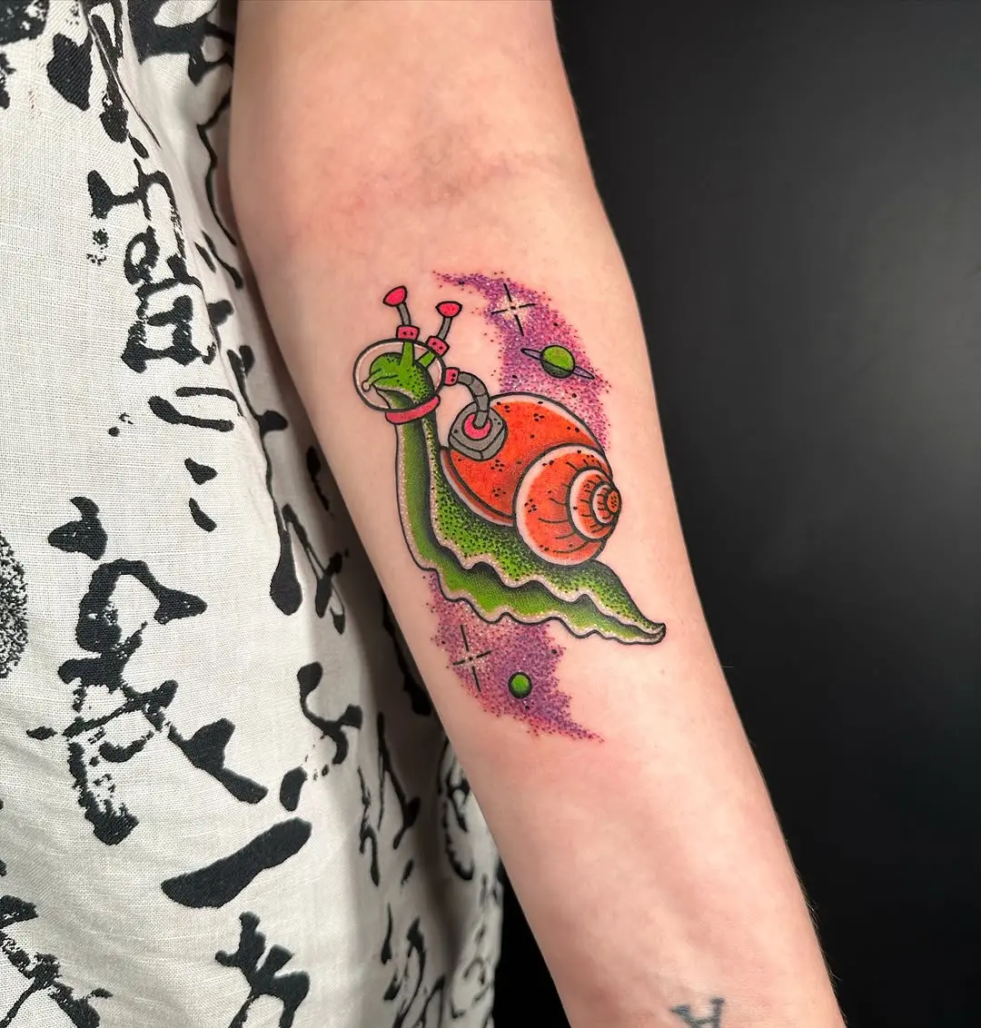 Playful snail tattoo brimming with color