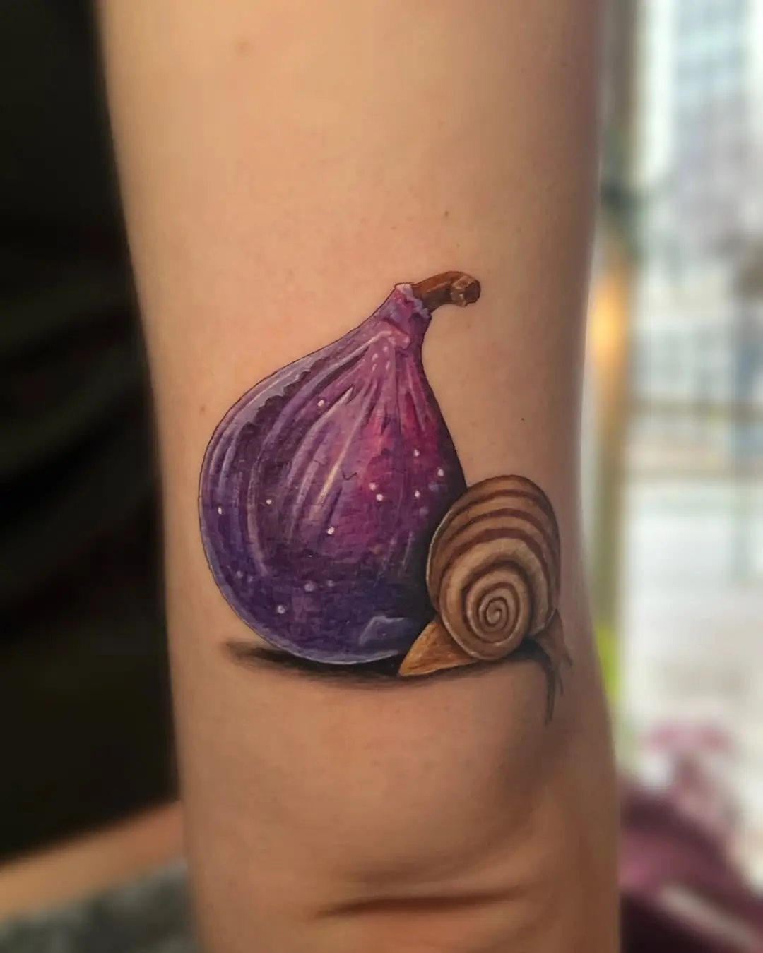 Charming snail beside a vibrant fig tattoo