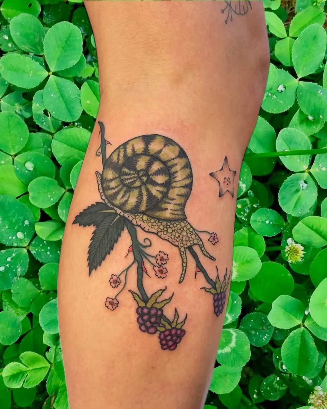 Nature-inspired snail tattoo with vibrant details