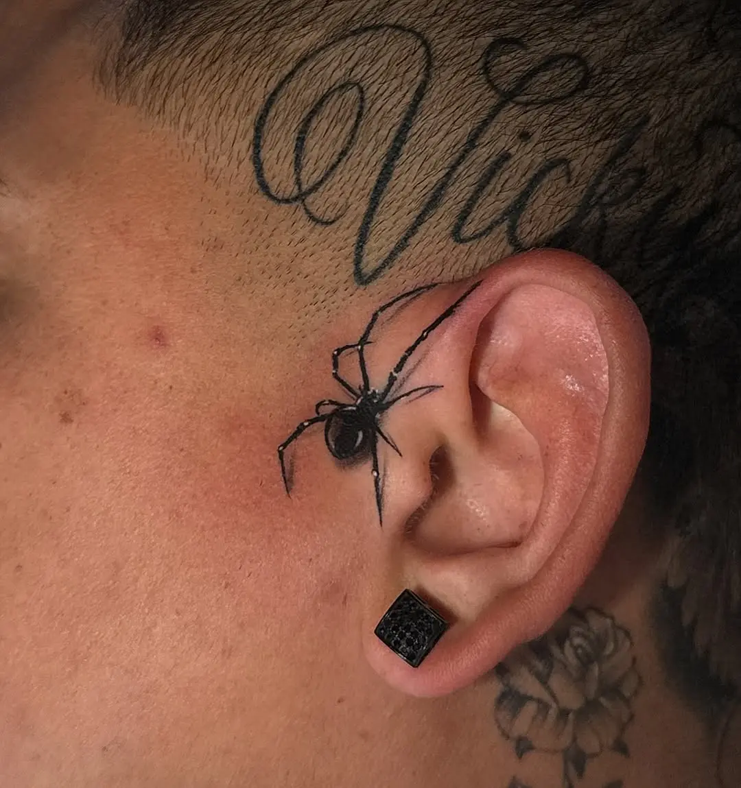 Intricate Spider Tattoo Behind Ear