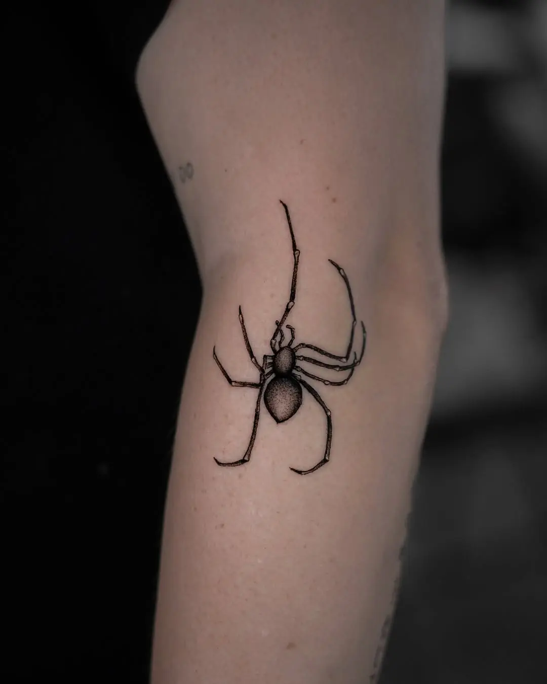 Detailed black ink spider tattoo on elbow