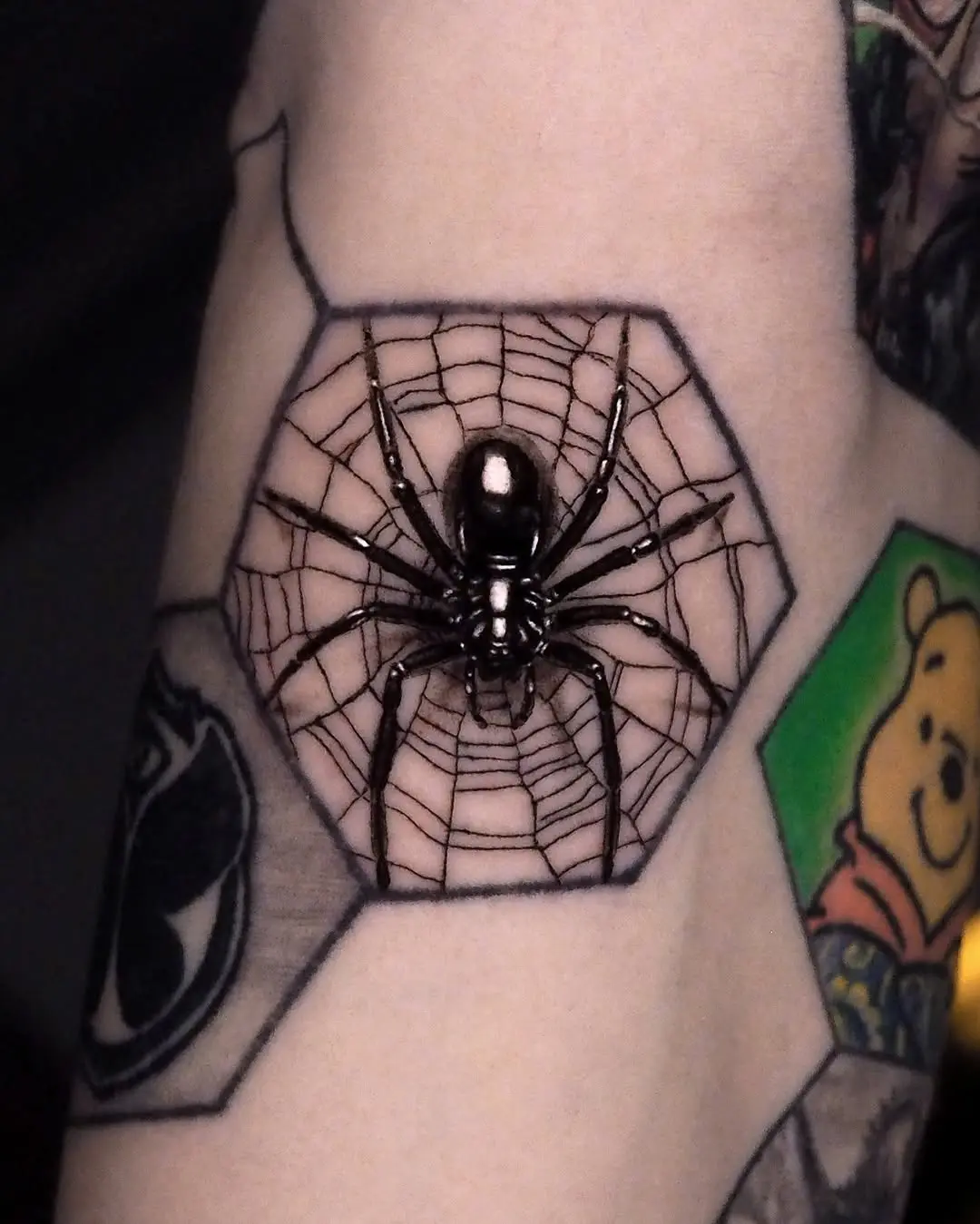 Intricate spider design within a hexagonal frame