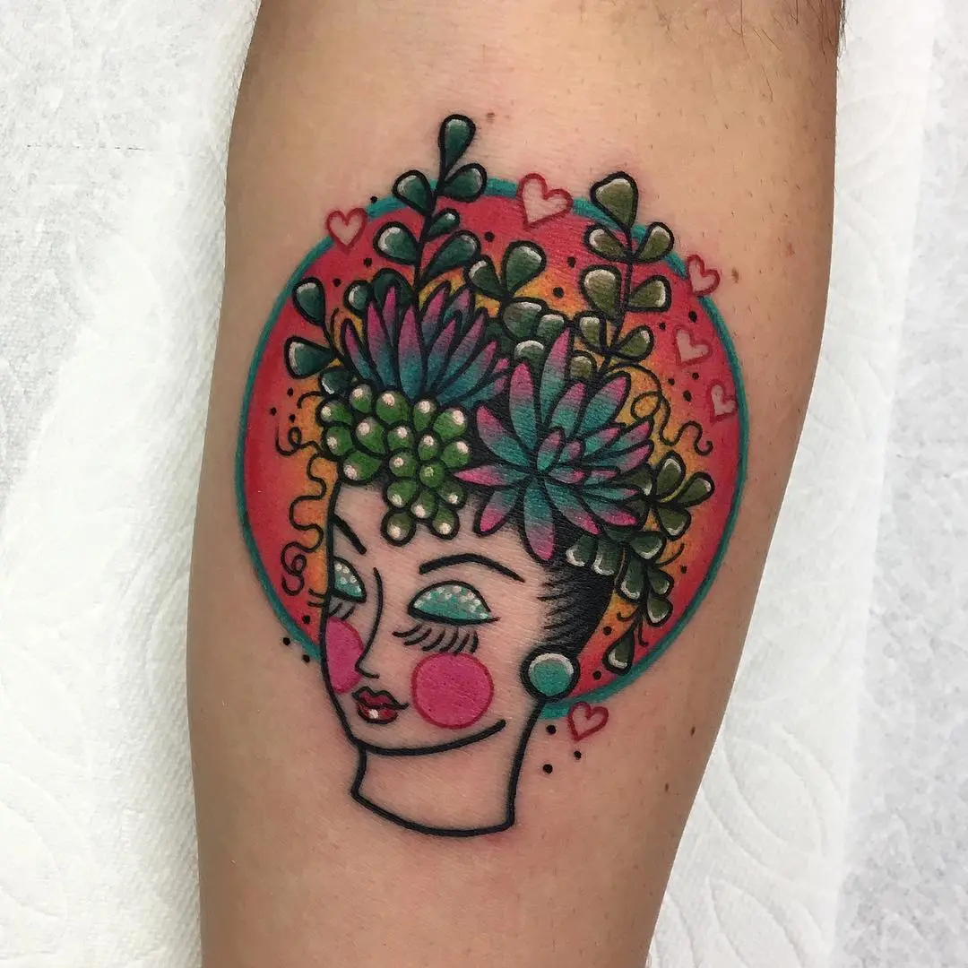 Vibrant Succulent-Inspired Woman Tattoo Design