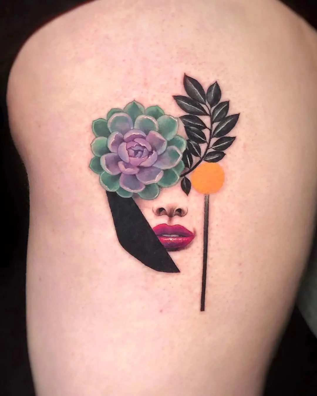 Artistic fusion of face and succulent beauty
